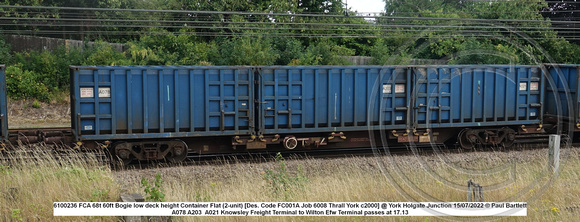610236 FCA 68t 60ft Bogie low deck height Container Flat (2-unit) [Des. Code FC001A Job 6008 Thrall York c2000] @ York Holgate Junction 2022-07-15 © Paul Bartlett W