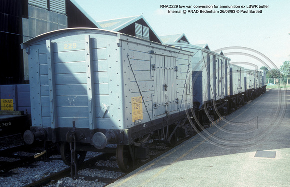 RNAD229 ex LSWR buffer low van @ RNAD Bedenham 93-08-26 � Paul Bartlett [2w]