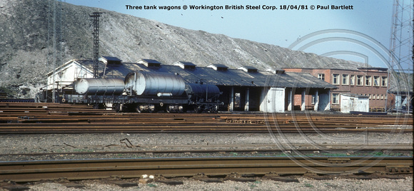 Three tank wagons @ Workington BSC 81-04-18 © Paul Bartlett w