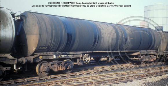 SUKO83258 [= SMBP7933] Bogie Lagged oil tank wagon AB Design code TE018D @ Stoke Cockshute 79-10-07 � Paul Bartlett w