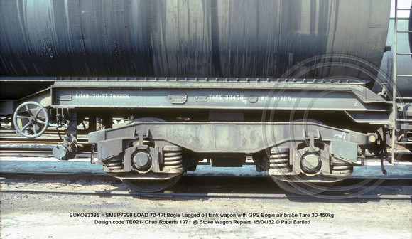 SUKO83335 = SMBP7998 Bogie Lagged oil tank wagon GPS Bogie AB @ Stoke Wagon Repairs 82-04-15 � Paul Bartlett [2w]